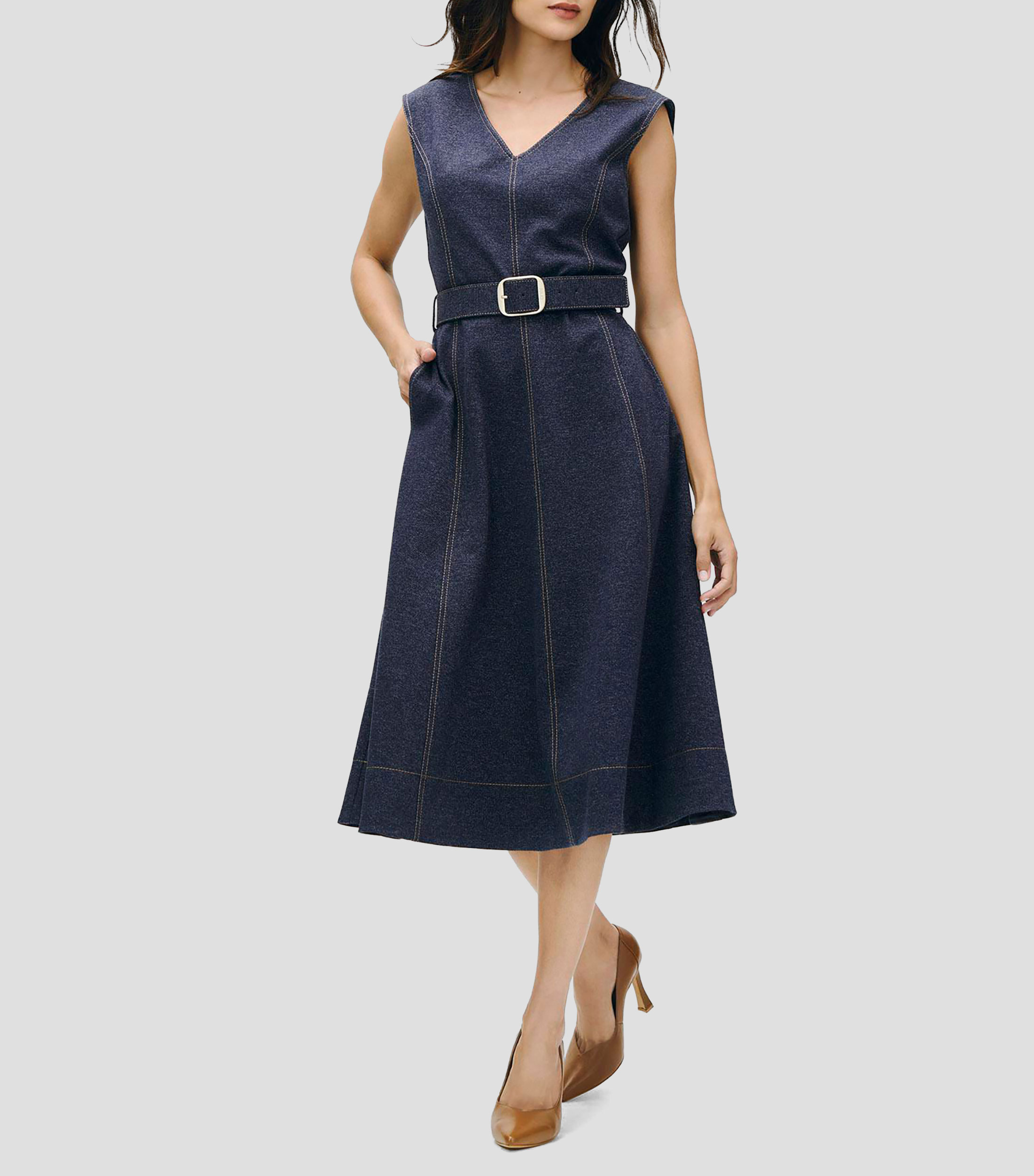 Vestido midi línea a tipo denim escote v corte francés Mujer